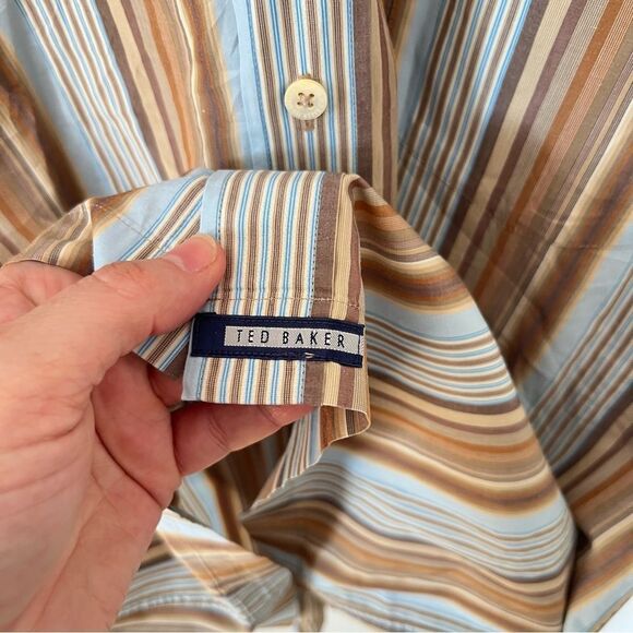 Ted Baker Brown Blue Stripe Short Sleeve 100% Cotton Dress Shirt - Picture 5 of 8